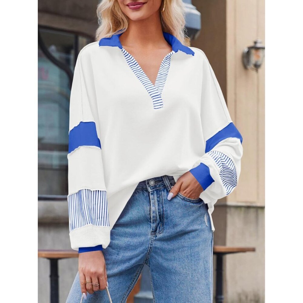 Women's Oversized Color Block Sweatshirt Cotton Polyester V Neck Casual - Picture 4 of 6